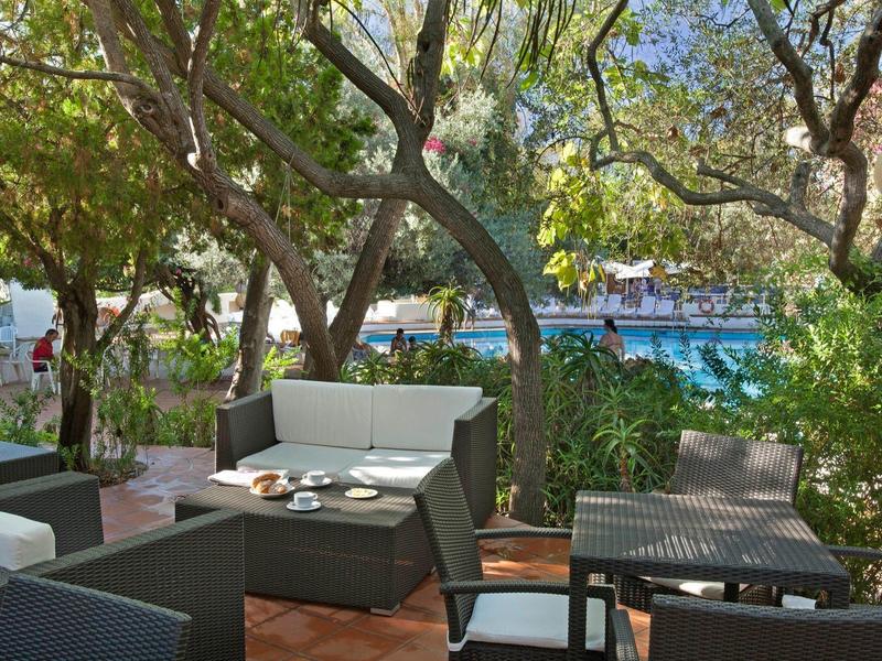 Cómodo grupo de asientos al aire libre bajo árboles con vista a una piscina en un jardín de hotel.