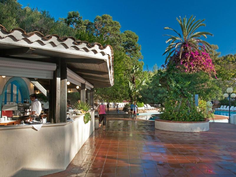 Porche de hotel con barra al aire libre rodeado de vegetación y cielo azul despejado