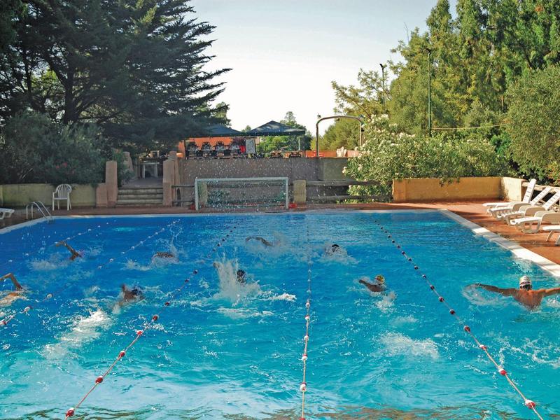 Una piscina al aire libre con agua azul clara, rodeada de tumbonas y árboles al fondo.