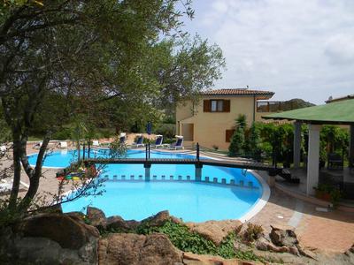 Basen z czystą niebieską wodą, otoczony drzewami, altaną i dwupiętrowym budynkiem.