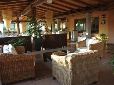 Cozy terrace with wicker furniture and plants under wooden roof.
