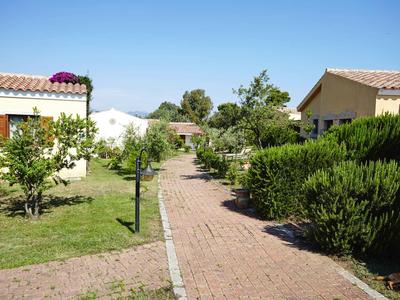 Sentier entre de petites maisons avec des arbres et des buissons sous un ciel clair.