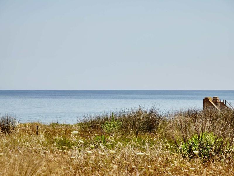 Vue sur une mer calme derrière des dunes de sable et de l'herbe avec une petite passerelle en bois.
