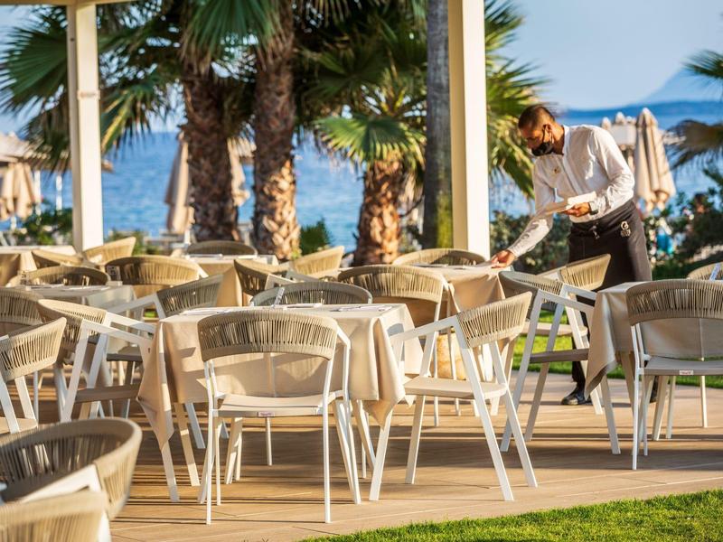 Espace café extérieur avec chaises et tables blanches entouré de palmiers.