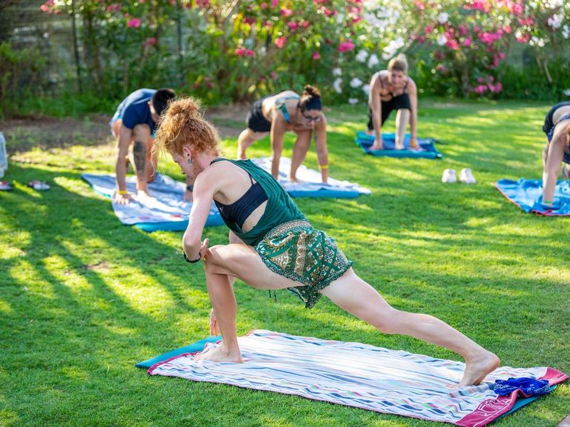 Groupe pratiquant le yoga sur une pelouse en plein air par une journée ensoleillée.