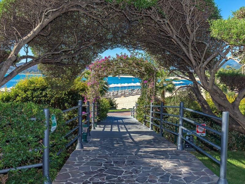 Chemin de pierre sous des arbres voûtés menant à une plage de sable et la mer en arrière-plan.