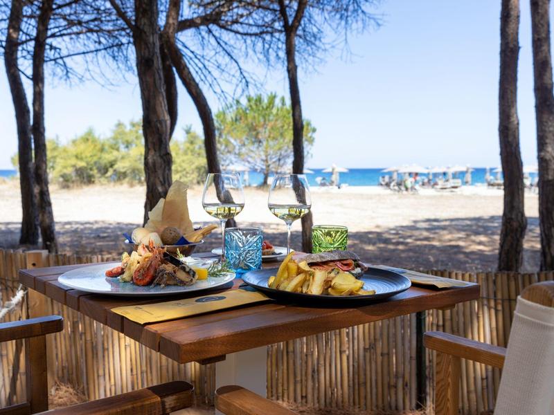 Stůl s jídlem a nápoji pod stromy na pláži s výhledem na moře.