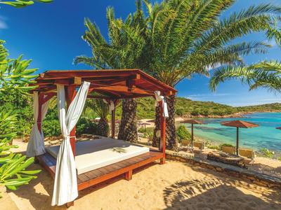Comoda lettino da spiaggia con tende sotto le palme vicino al mare.