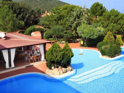 Pool mit klarem Wasser, Bäumen auf Inseln darin und einem schattigen Pavillon im Grünen.