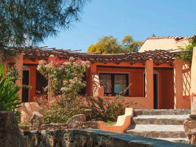 Vítající terasa se schody, rostlinami a oranžovou fasádou pod jasnou oblohou.