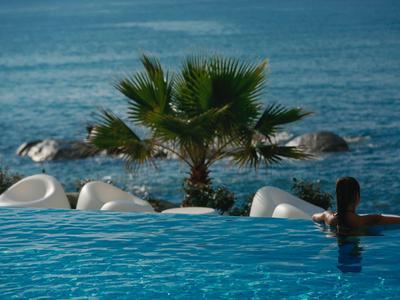 Persoon ontspant bij infinity-zwembad met uitzicht op zee en een palmboom op de voorgrond.