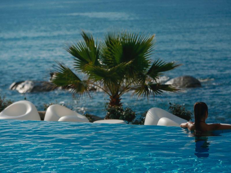 Persoon ontspant bij infinity-zwembad met uitzicht op zee en een palmboom op de voorgrond.