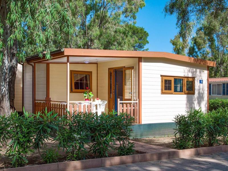 Petit mobil-home avec porche entouré de plantes sous un ciel bleu.