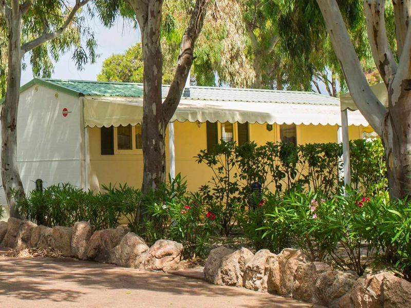 Malý rekreační domek se žlutými markýzami, obklopený stromy a zelenými rostlinami.