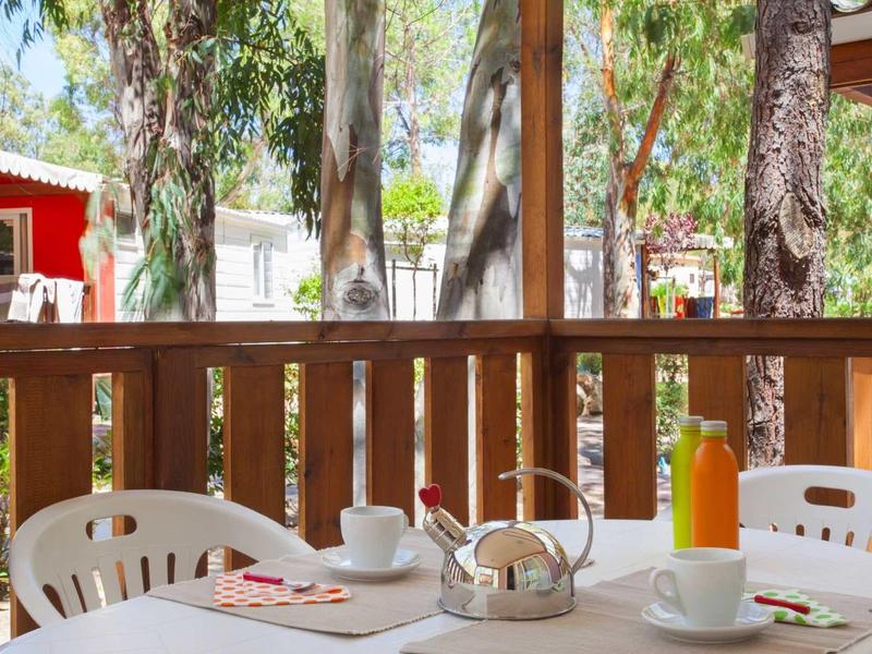 Stůl na terase s konvicí na čaj, šálky a pomerančovým džusem u dřevěného zábradlí a stromů.