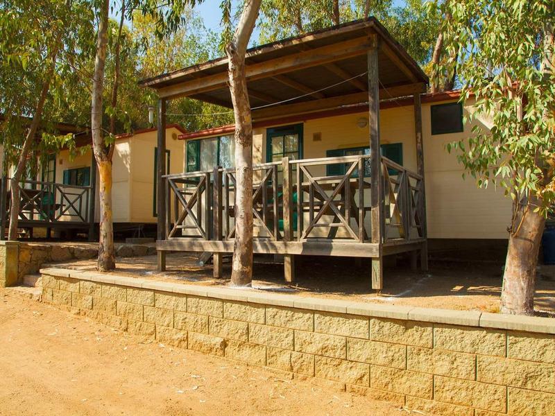 Bungalow mobili con piccole terrazze in legno in un ambiente soleggiato e boscoso.