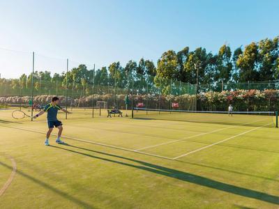 Ein Mann spielt Tennis auf einem grünen Tennisplatz im Freien bei sonnigem Wetter.