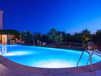 Illuminated outdoor pool at night with ladder access surrounded by plants.