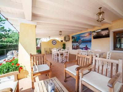 Covered terrace with seating area and dining table, decorated with plants and sea view