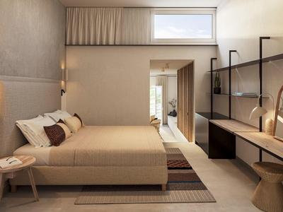 Moderne Schlafzimmereinrichtung mit beige Bett, Teppich, Schreibtisch und sanfter Beleuchtung.