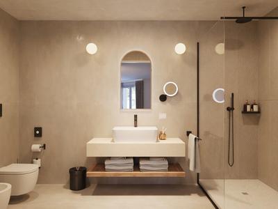 Modernes Badezimmer mit beige Wänden, freistehendem Waschbecken, Spiegeln und großer Glasdusche.