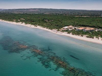 Veduta aerea di una lunga spiaggia sabbiosa con acqua azzurra trasparente e folta foresta retrostante.
