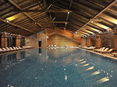 Großes Hallenbad mit Holzdach, Steinwänden und Liegestühlen an den Seiten.