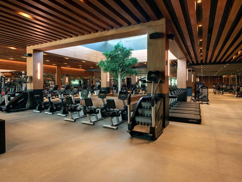 Großer, moderner Fitnessraum mit vielen Trainingsgeräten und warmem Holzdecken-Design.