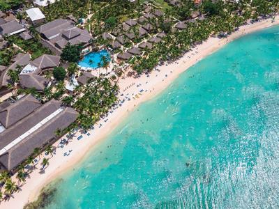 Luftaufnahme eines tropischen Strandes mit türkisfarbenem Wasser, weißem Sand und Palmen.