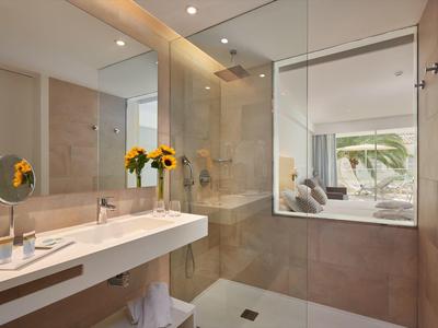 Baño moderno de hotel con ducha de vidrio, gran espejo y flores decorativas.