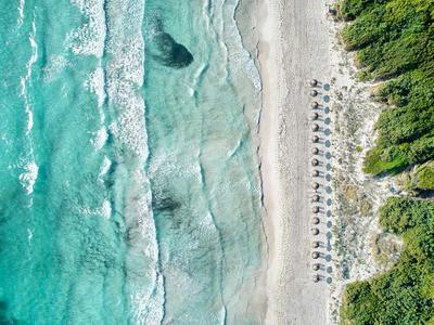 Vue aérienne d'une plage avec eau turquoise, parasols et forêt verte