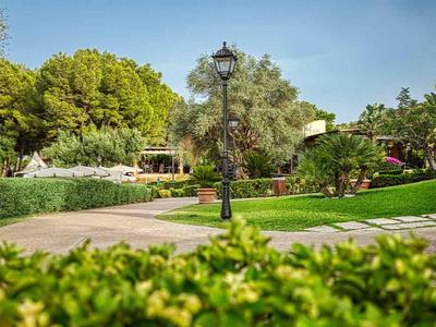 Zielony park ze ścieżkami i latarnią w słoneczny dzień