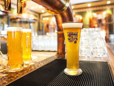 Un verre de bière blonde est posé sur un bar entouré de chopes et de verres.