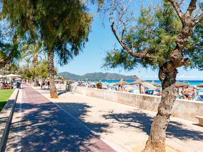 Ampia passeggiata con alberi affacciata sulla spiaggia di sabbia e sul mare sotto un cielo azzurro.