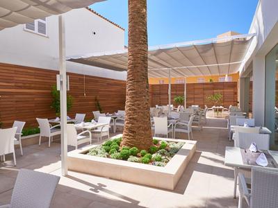 Lounge terrasse lumineuse et moderne avec des meubles blancs et des palmiers dans un hôtel.