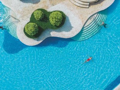 Piscina clara con pequeña isla y tres arbustos, persona flotando en el agua