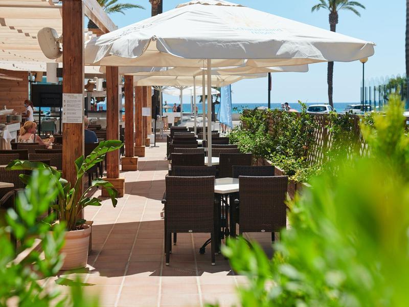 Sunny outdoor restaurant terrace with chairs, tables, and white umbrellas by the sea.