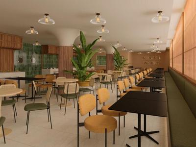 Moderne hotel eetzaal met houten stoelen, groene planten en neutrale tinten.