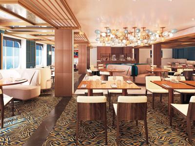 Área elegante de restaurante de hotel con techo de madera, alfombra con patrón e iluminación moderna.