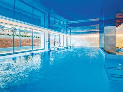 Bright indoor pool with waterfall and large windows letting in daylight.
