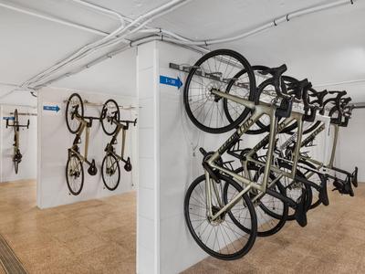 Fahrradständer in einem hellen Raum mit mehreren an der Wand hängenden Fahrrädern.