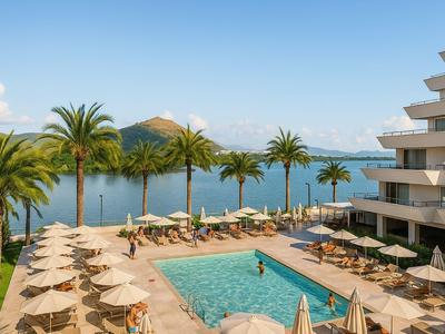 Hotel pool with sun loungers and palm trees, view of lake and mountains under clear sky.