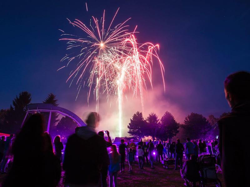Menschen genießen ein Feuerwerk bei Nacht im Freien auf einer Veranstaltung.