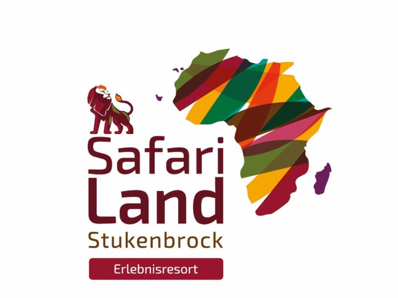 Logo von Safari Land Stukenbrock mit stilisierter Afrika-Karte und Löwe.