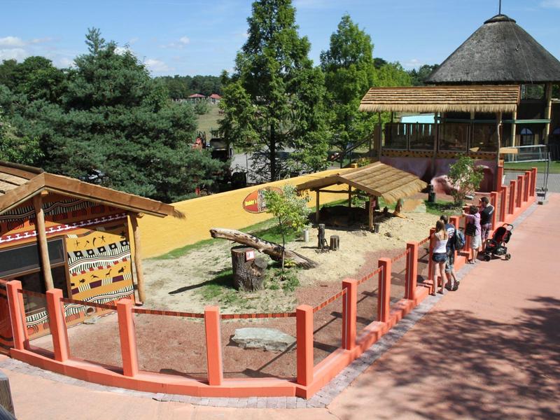 Kleiner Zoo- oder Tiergehegebereich mit Besuchern und einem Pavillon im Freien.