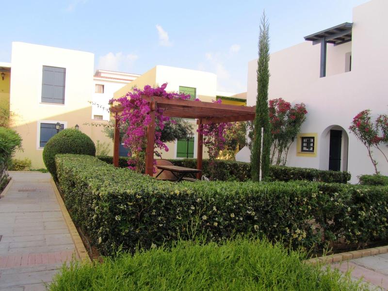 Weißes Haus mit Pergola, blühender Kletterpflanze, gepflegtem Garten und Hecken bei sonnigem Wetter.