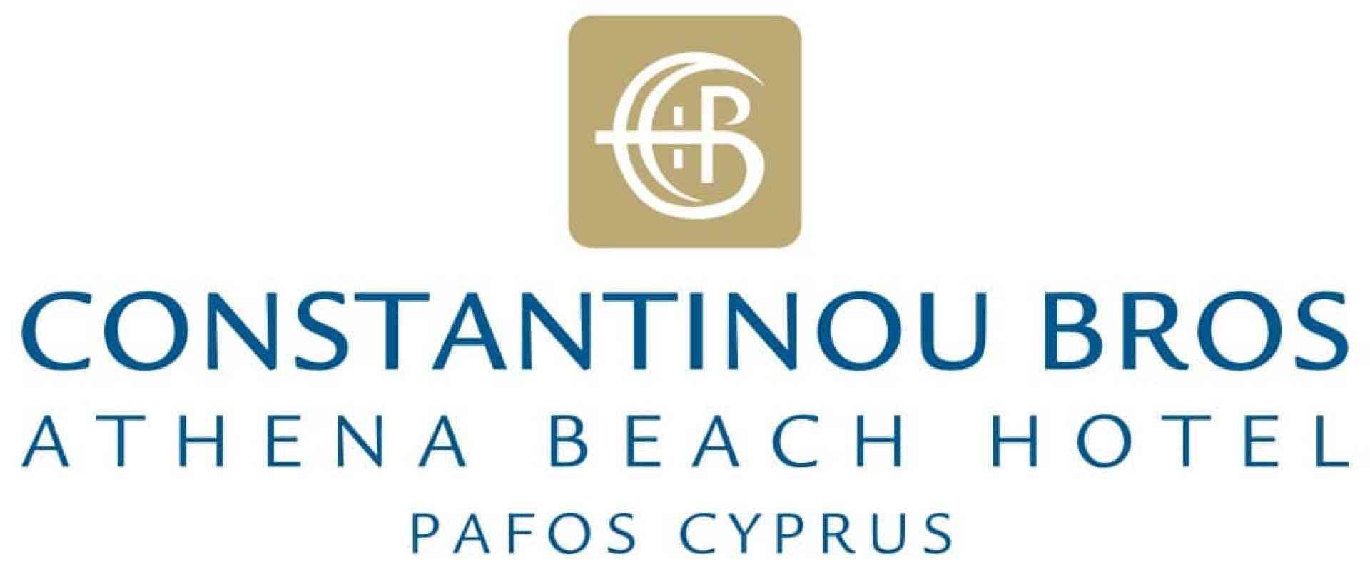 Logo des Athena Beach Hotels mit goldfarbenem Symbol und blauem Text.