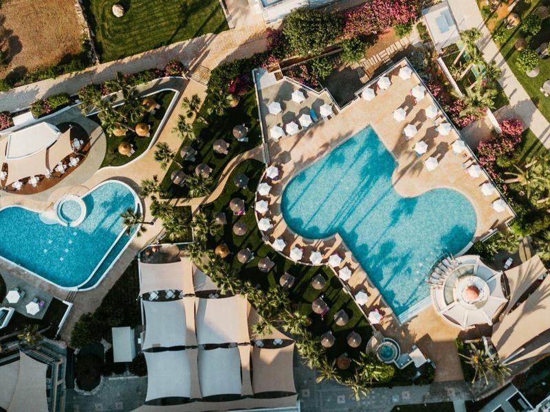 Luftaufnahme von zwei blauen Schwimmbecken mit umliegenden Liegen und grünen Bäumen.