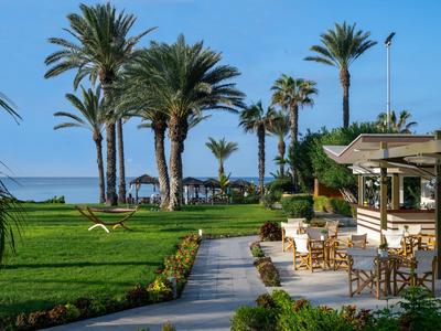 Green hotel grounds with palm trees, chairs, and a clear sky view of the sea.