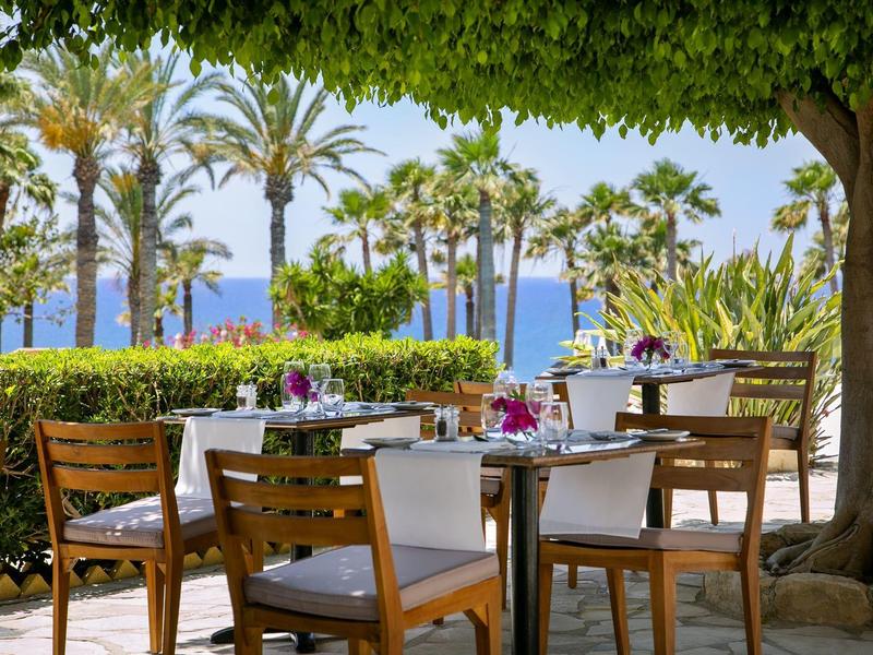 Terrasse mit Holztischen und Stühlen, weiß gedeckt, Palmen und Meer im Hintergrund, sonnig und grün.
